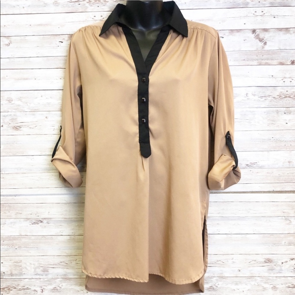 🍀4/$10 Truth NYC Tan & Black Professional Blouse